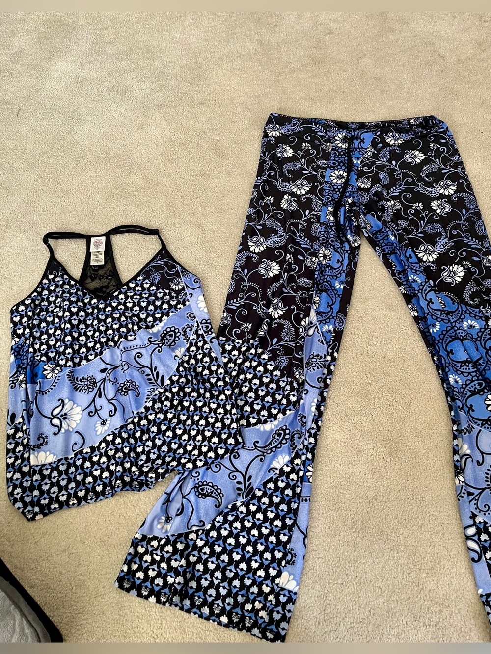 Blue & Black Floral Patchwork Tank and Flared Pants lounge Pajama Set